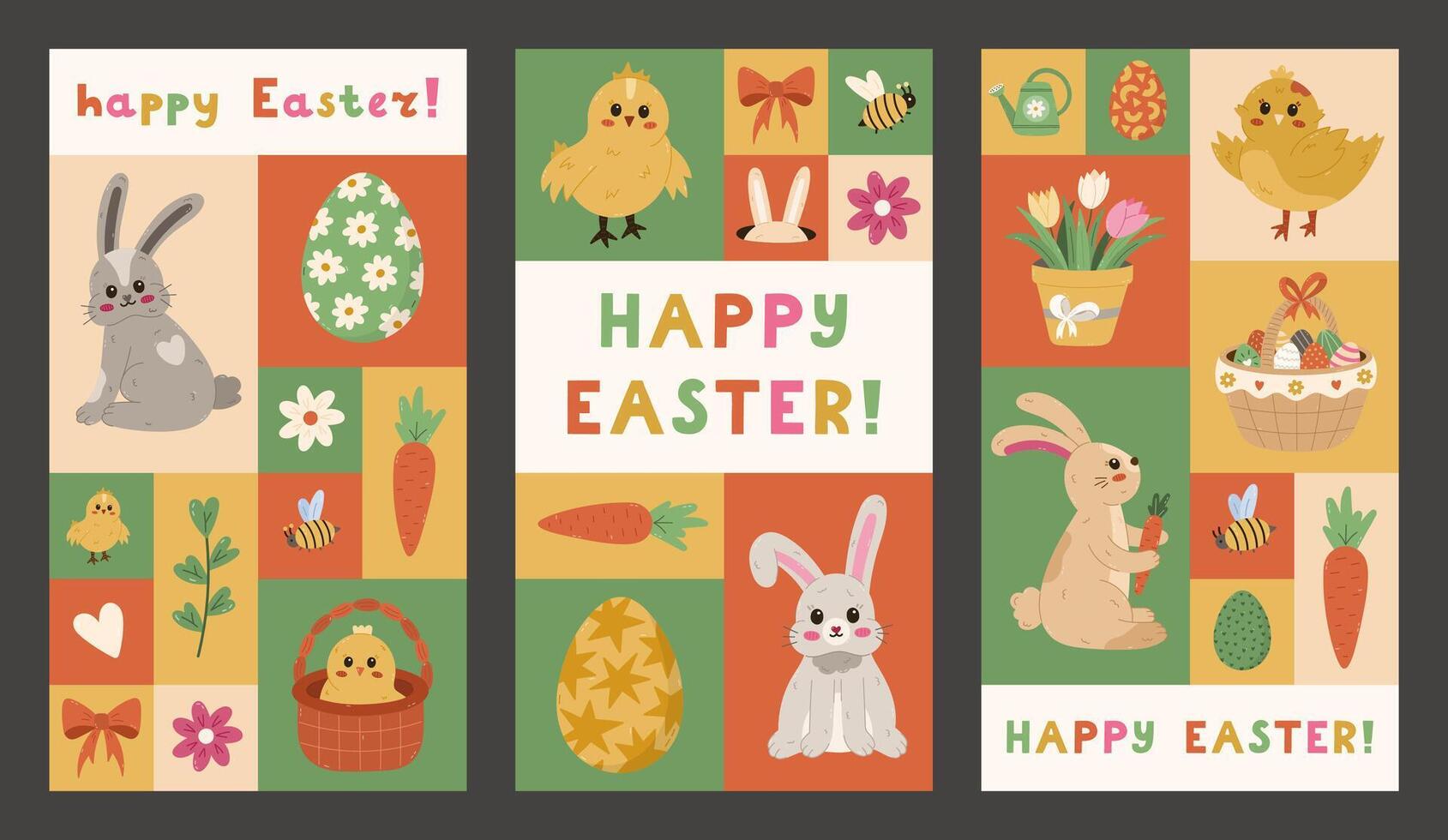 Lovely set of vertical Easter posters in Bauhaus style with colorful clipart. Trendy collection of geometric, abstract banners, story covers with fluffy bunny, painted Easter egg, cute chick, tulip. vector