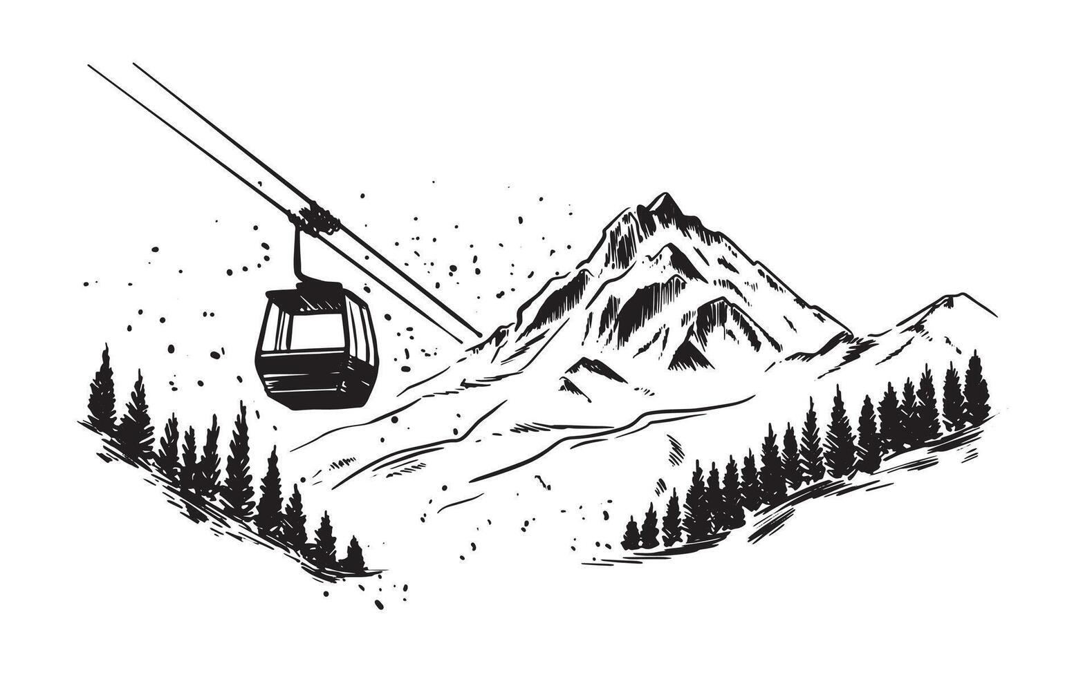 Cable car graphic mountain black white, hand drawn. vector