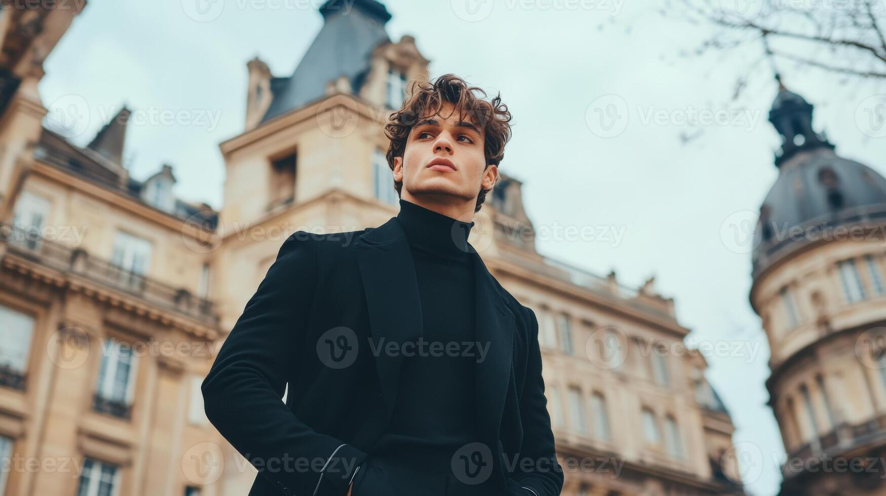 Young Man in Black Coat Posing in Parisian Setting photo