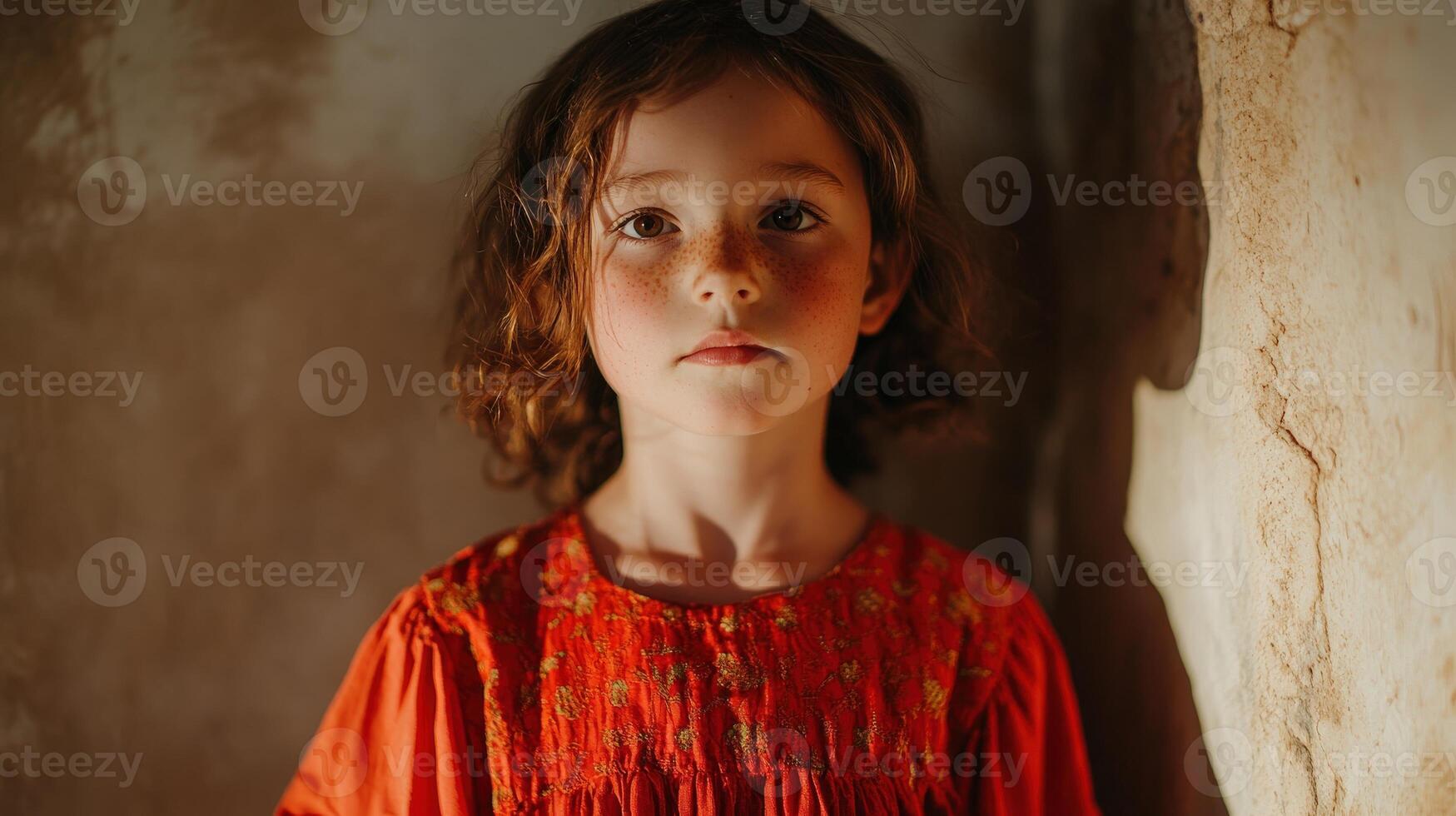 Young Girl With Freckles Wearing Red Dress photo