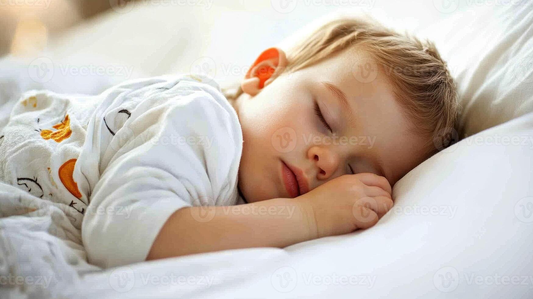 Toddler peacefully sleeping soundly in bed photo