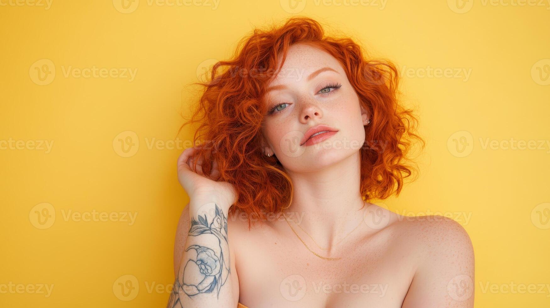 Redhead woman with curly hair and arm tattoo against yellow background photo