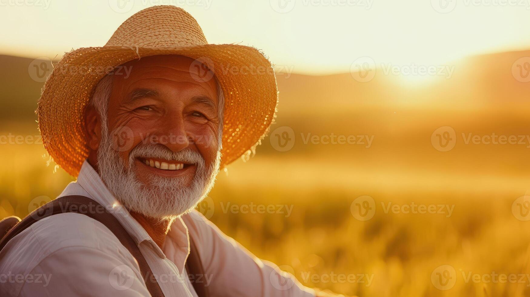 Happy elderly farmer in a straw hat smiles at sunset photo