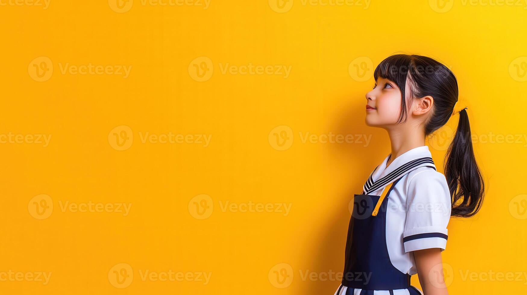 Young Girl in Sailor Dress Against Yellow Background photo