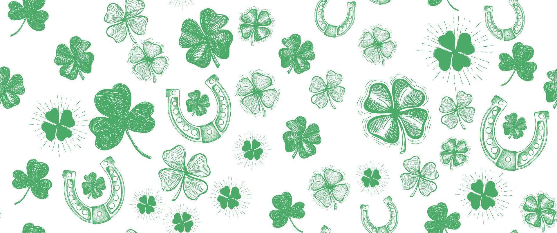 Patricks Day, green clover pattern on white. Hand drawn illustrations vector
