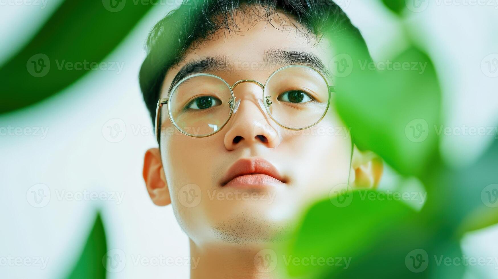 Young Man Wearing Glasses Amidst Green Leaves photo