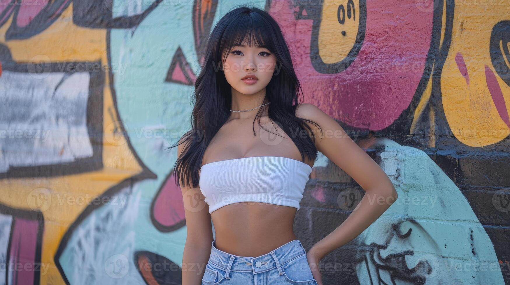 Young Woman Poses Against Vibrant Graffiti Wall photo