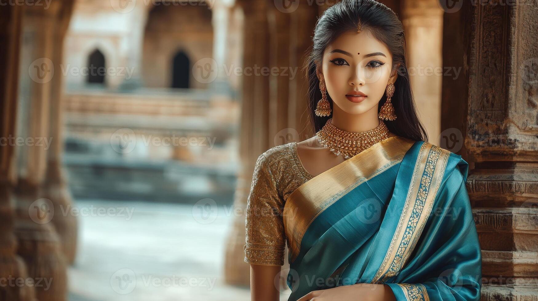 Beautiful Woman in Teal Saree and Gold Jewelry Posing photo