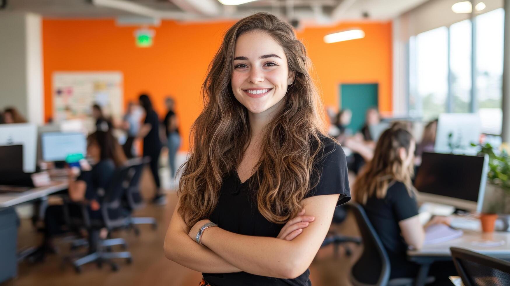 A young woman is smiling in an office photo