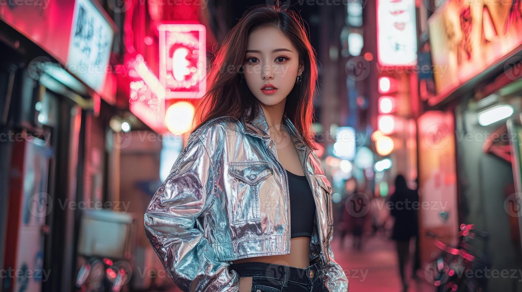Young Woman Posing in Neon Lit City Street photo