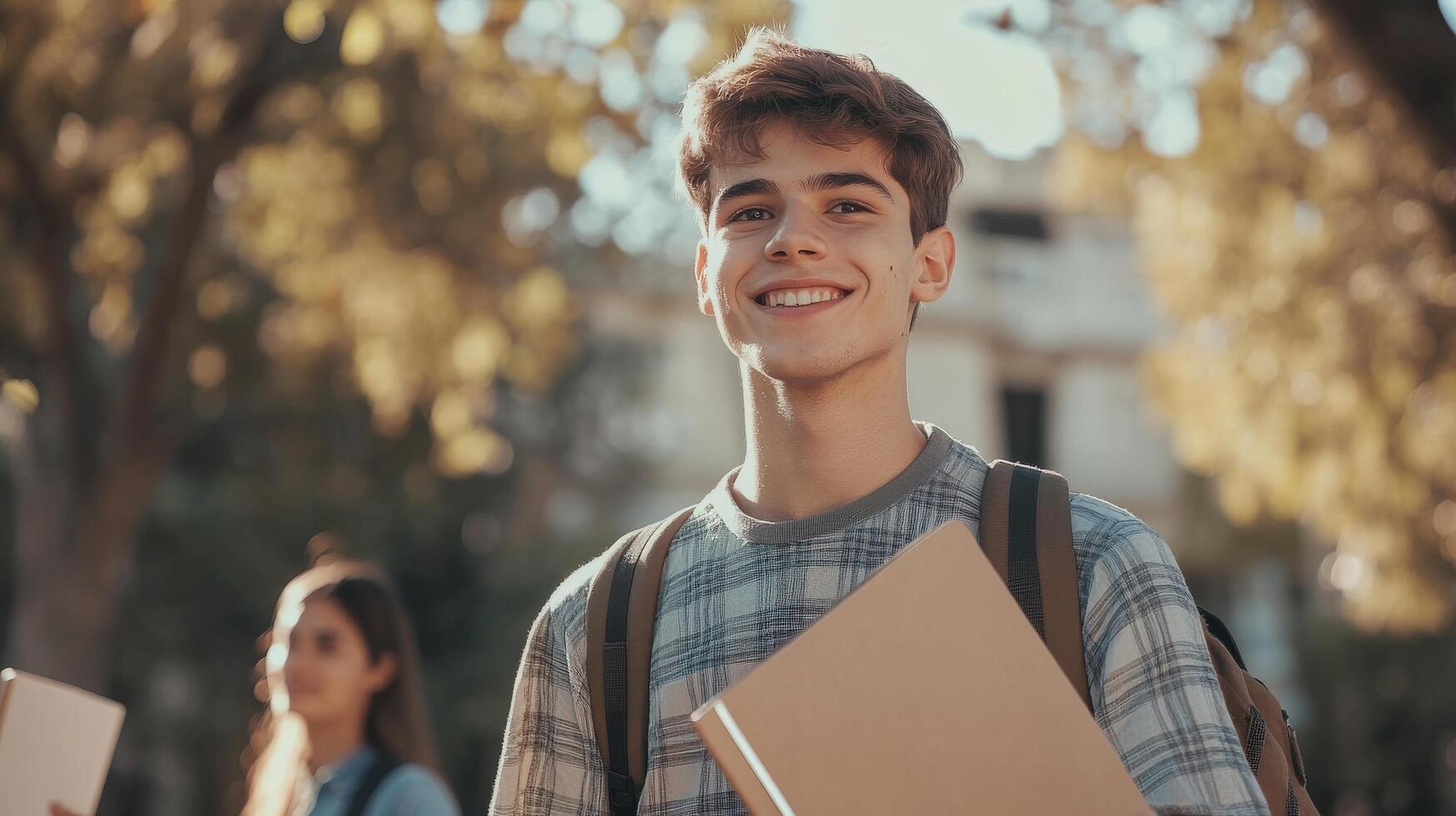 A young man is smiling while holding a folder photo