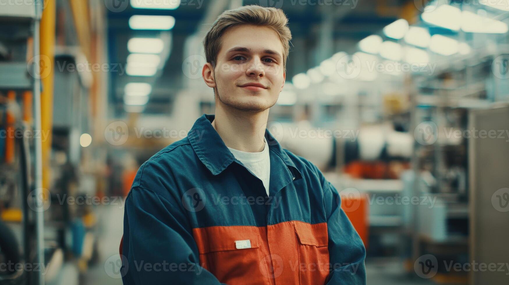 Young Man Smiling In Factory Work Uniform photo