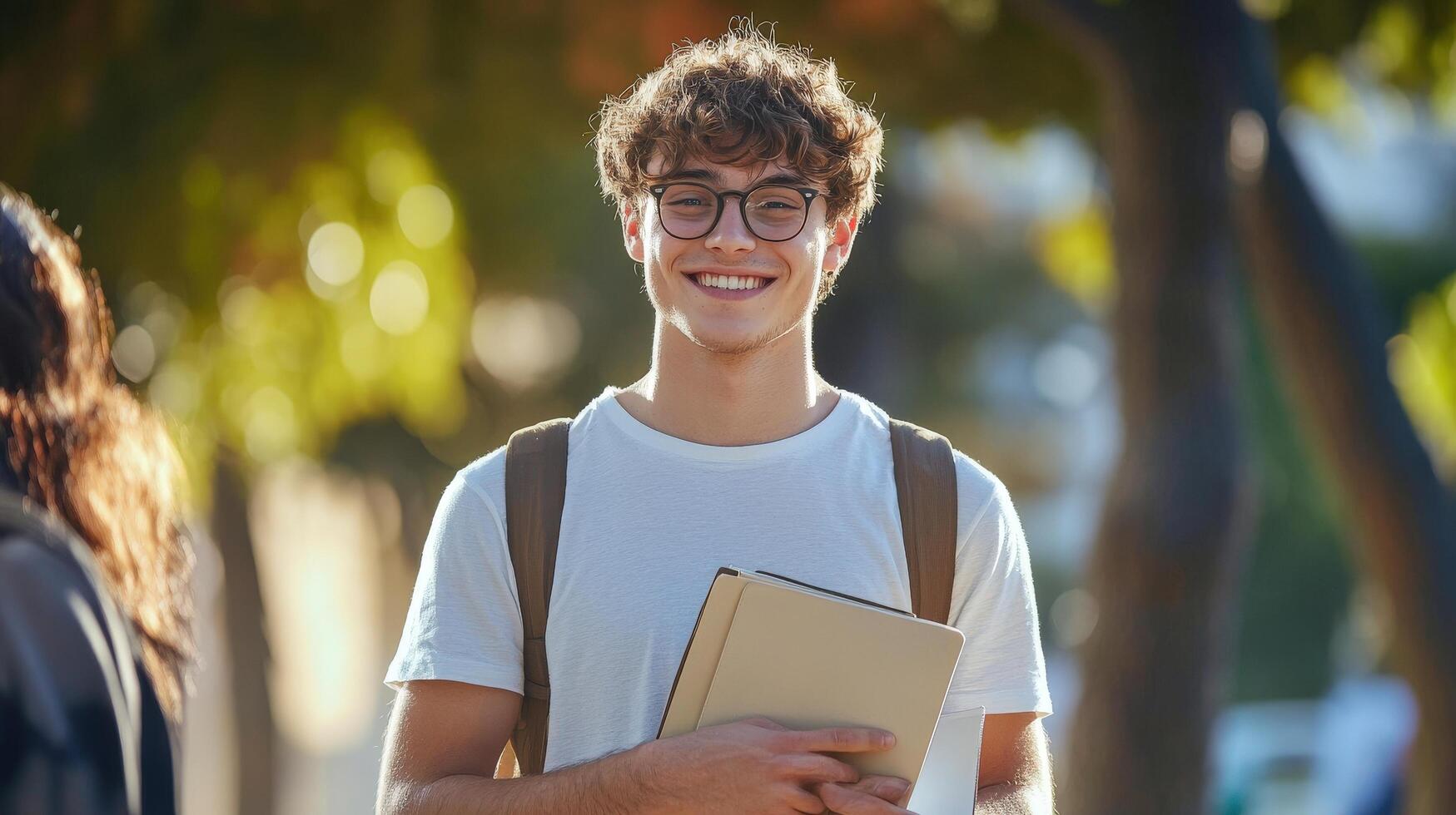 A young man with glasses and a book is smiling photo