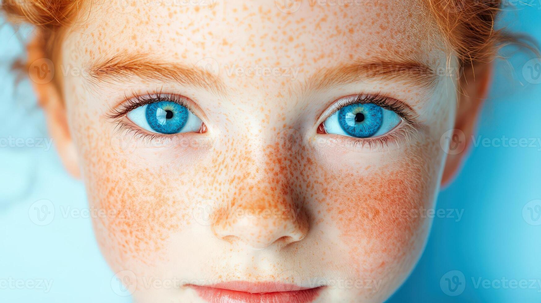 Close up portrait of a girl with freckles and blue eyes photo