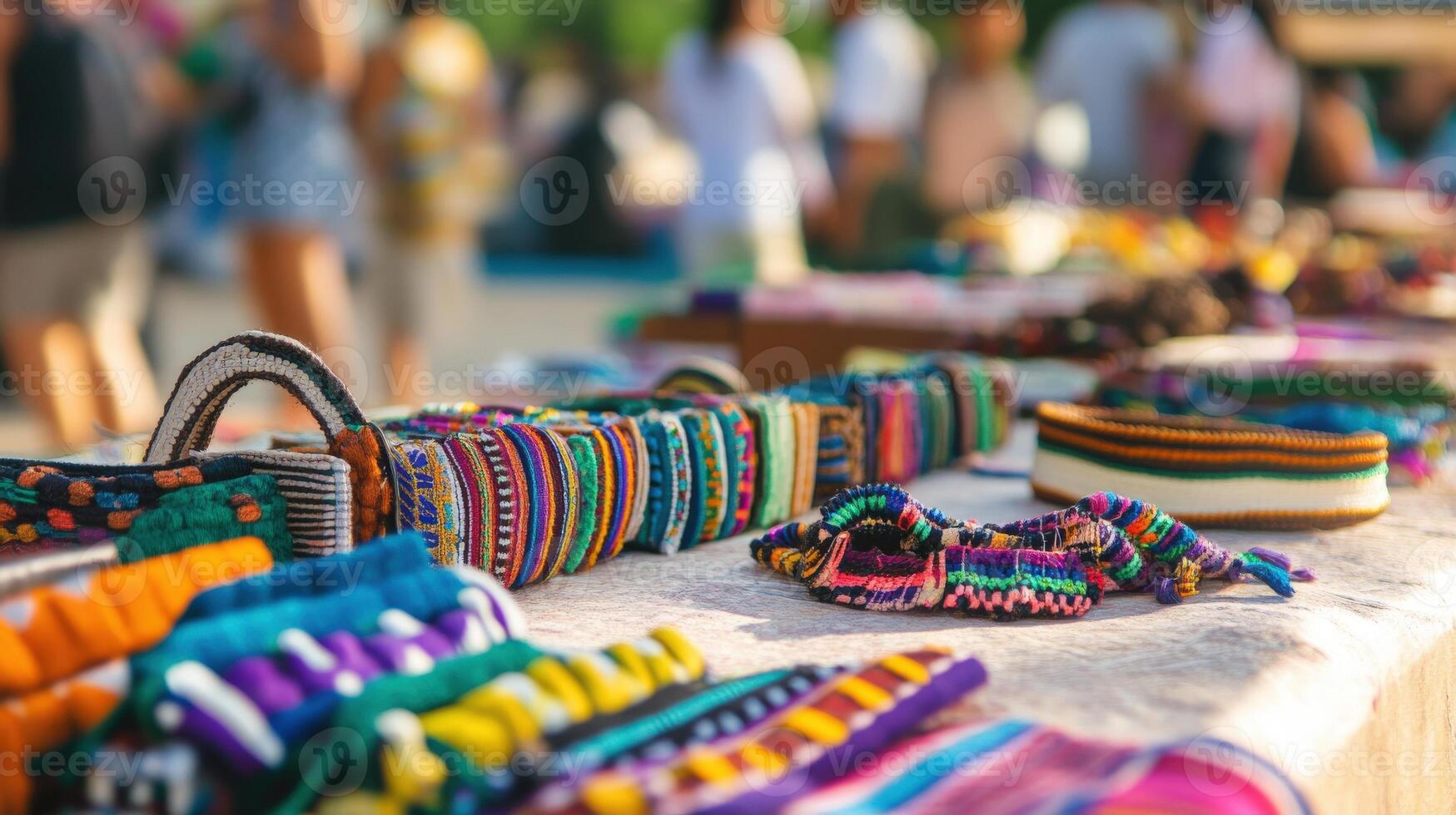 Colorful Woven Bracelets And Bags At Market Stall photo