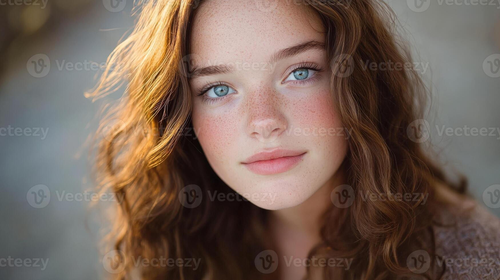 Young Woman with Freckles and Wavy Brown Hair photo