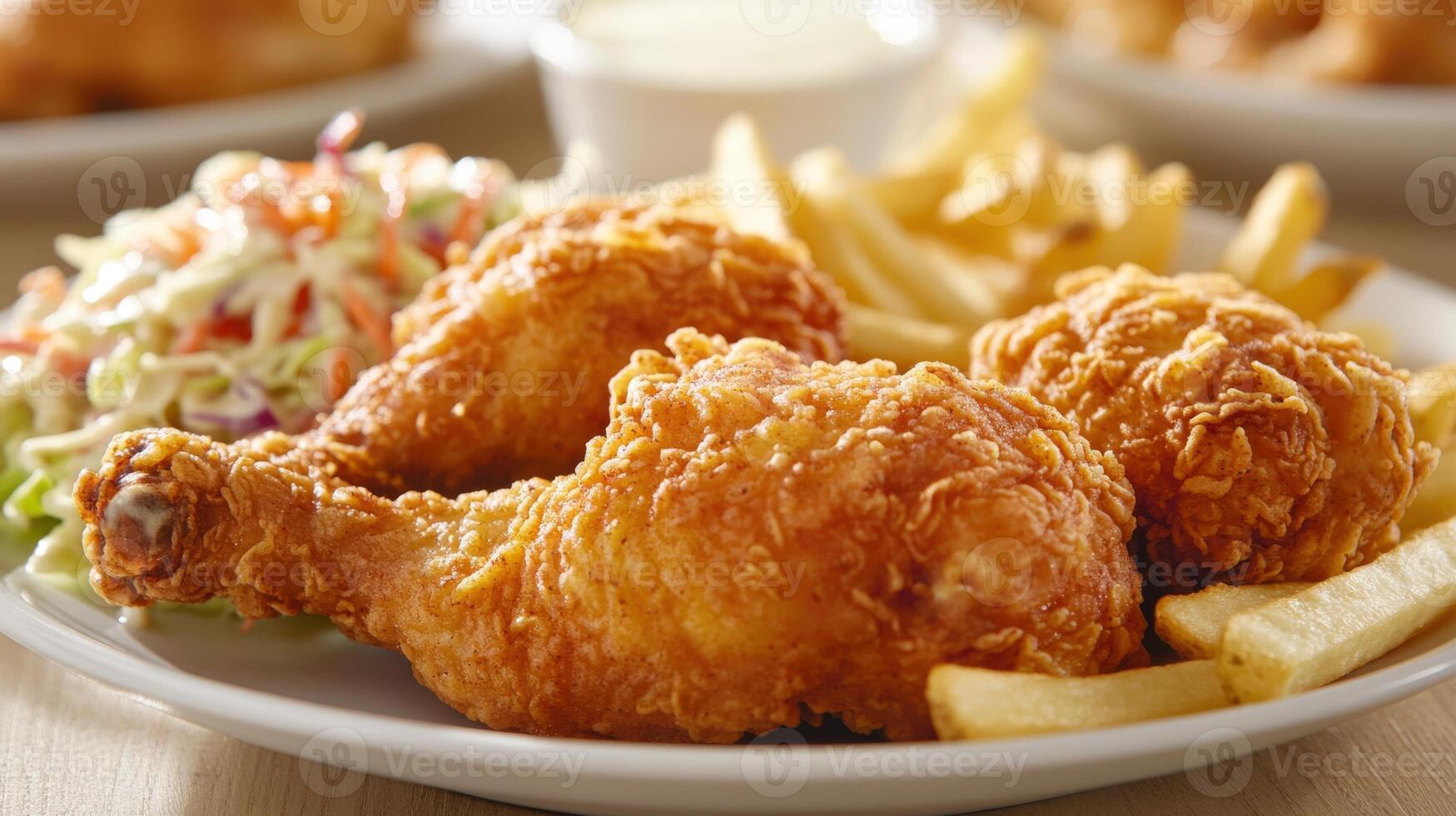 Crispy Fried Chicken Drumsticks With Fries And Coleslaw photo