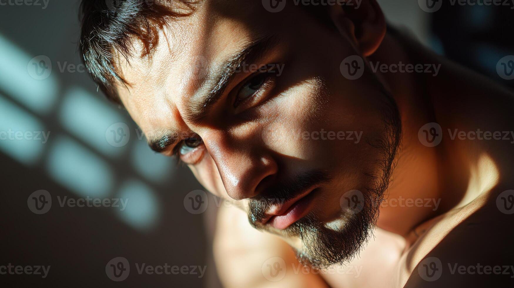 Young Man Portrait Sunlit Face Intense Gaze photo