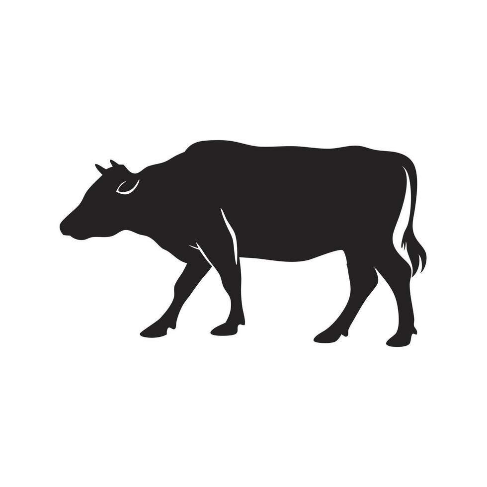 A bold, solid black silhouette of a cow, set against a pure white background. vector