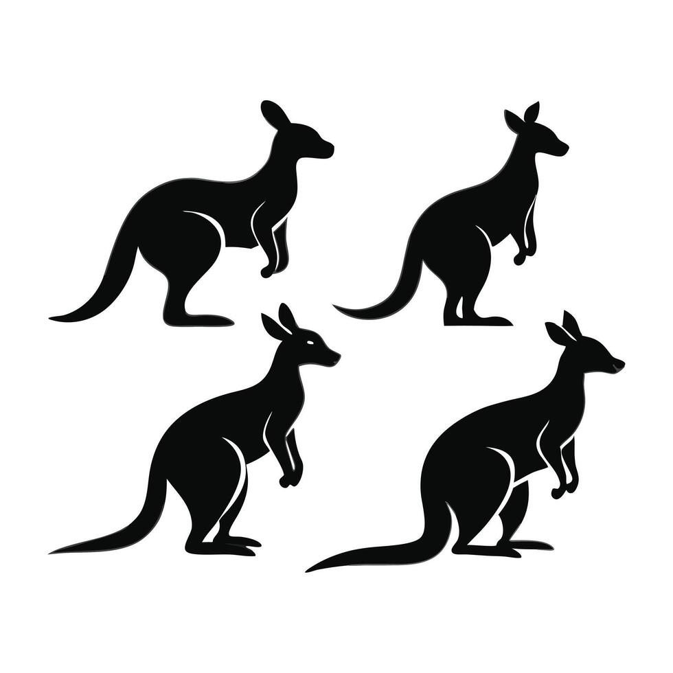 This image features four black silhouettes of kangaroos against a white background. vector