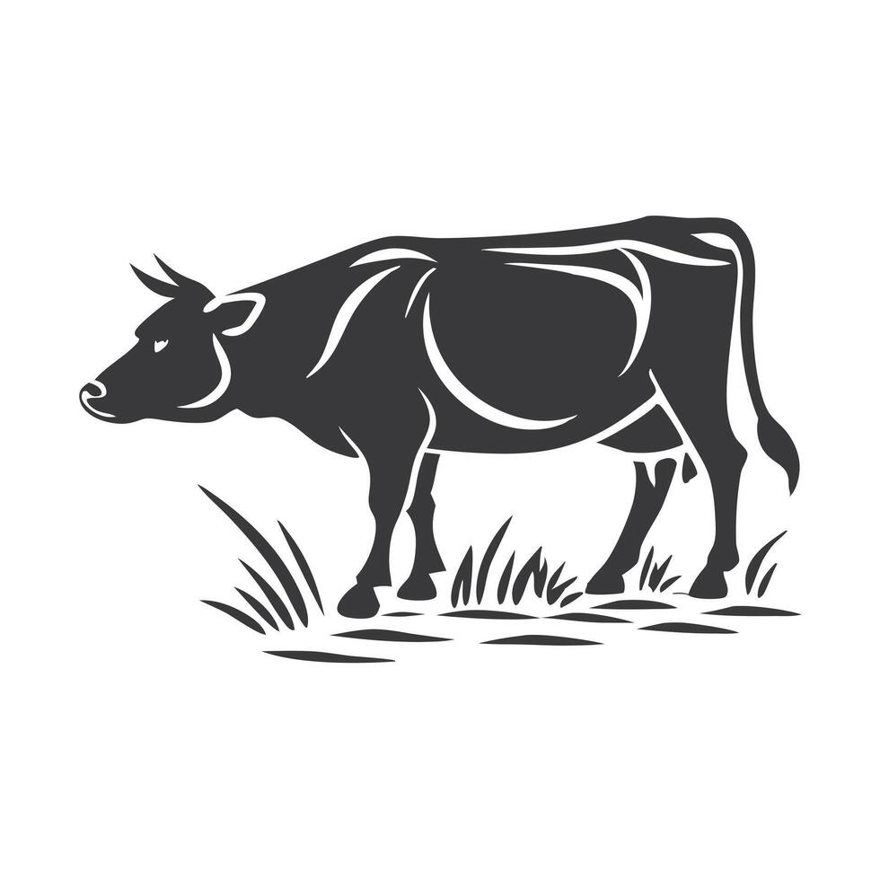 Simple black and white illustration of a cow grazing. vector