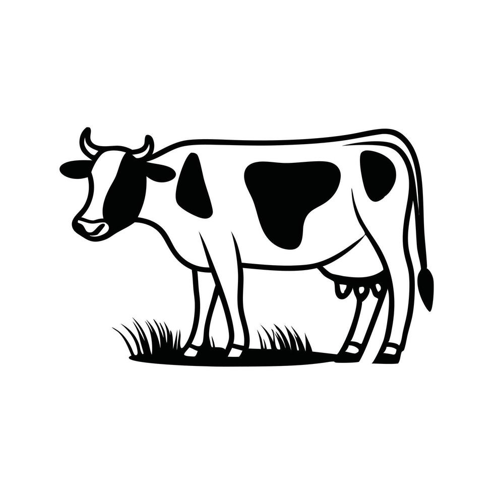 This is a clean, black silhouette of a cow, perfect for use in farm-themed designs, agricultural illustrations, or as a graphic element for logos, labels or icons. vector