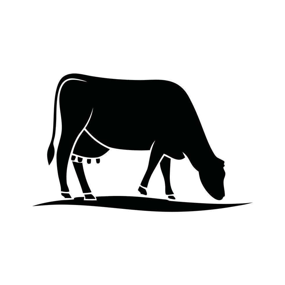 Silhouetted Cow Grazing in a Field A stylized, black-and-white silhouette of a cow grazing in a field of grass. vector