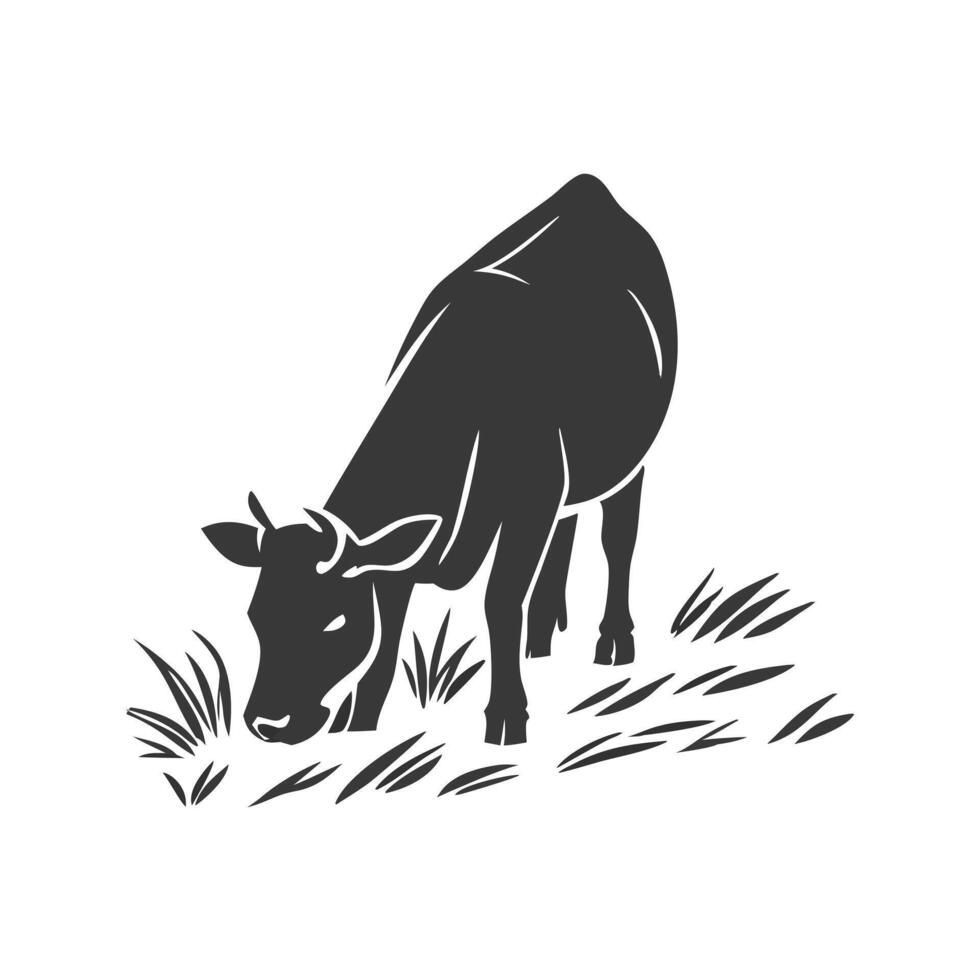 A stylized, black and white silhouette of a cow standing in a grassy field. vector