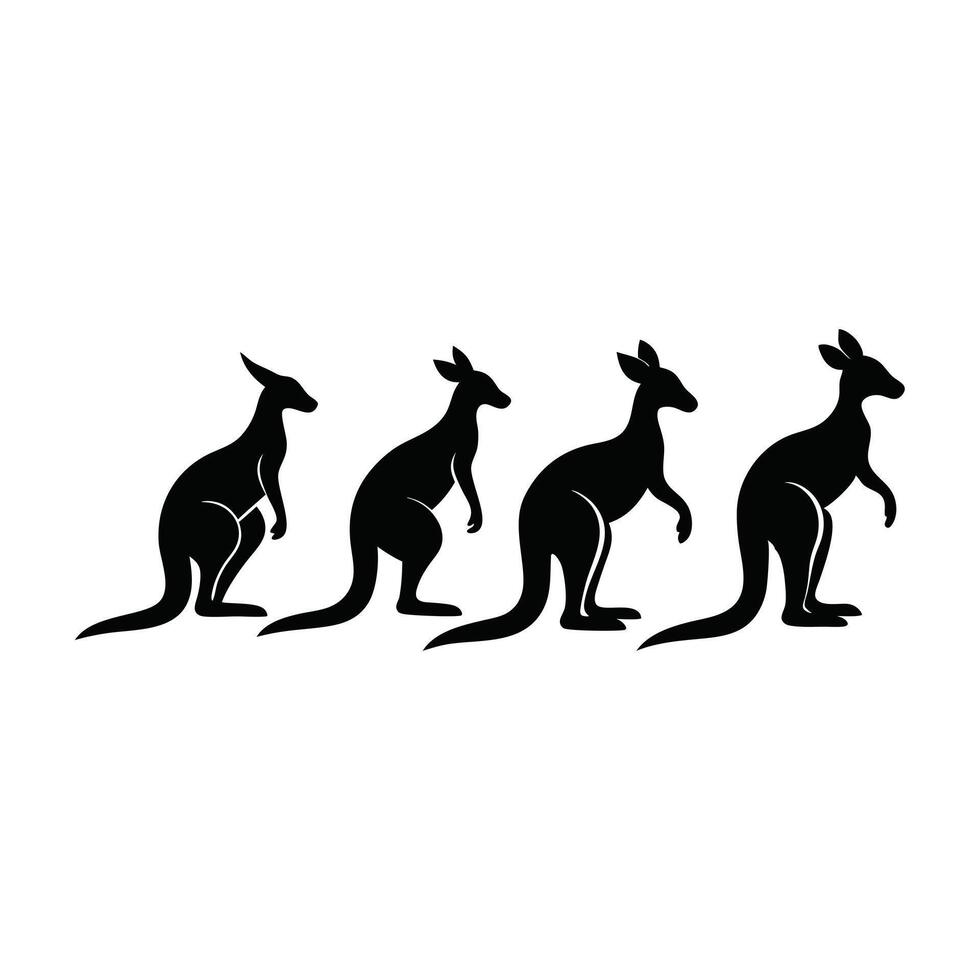 A collection of four simple, black silhouette kangaroos set against a pure white background. vector