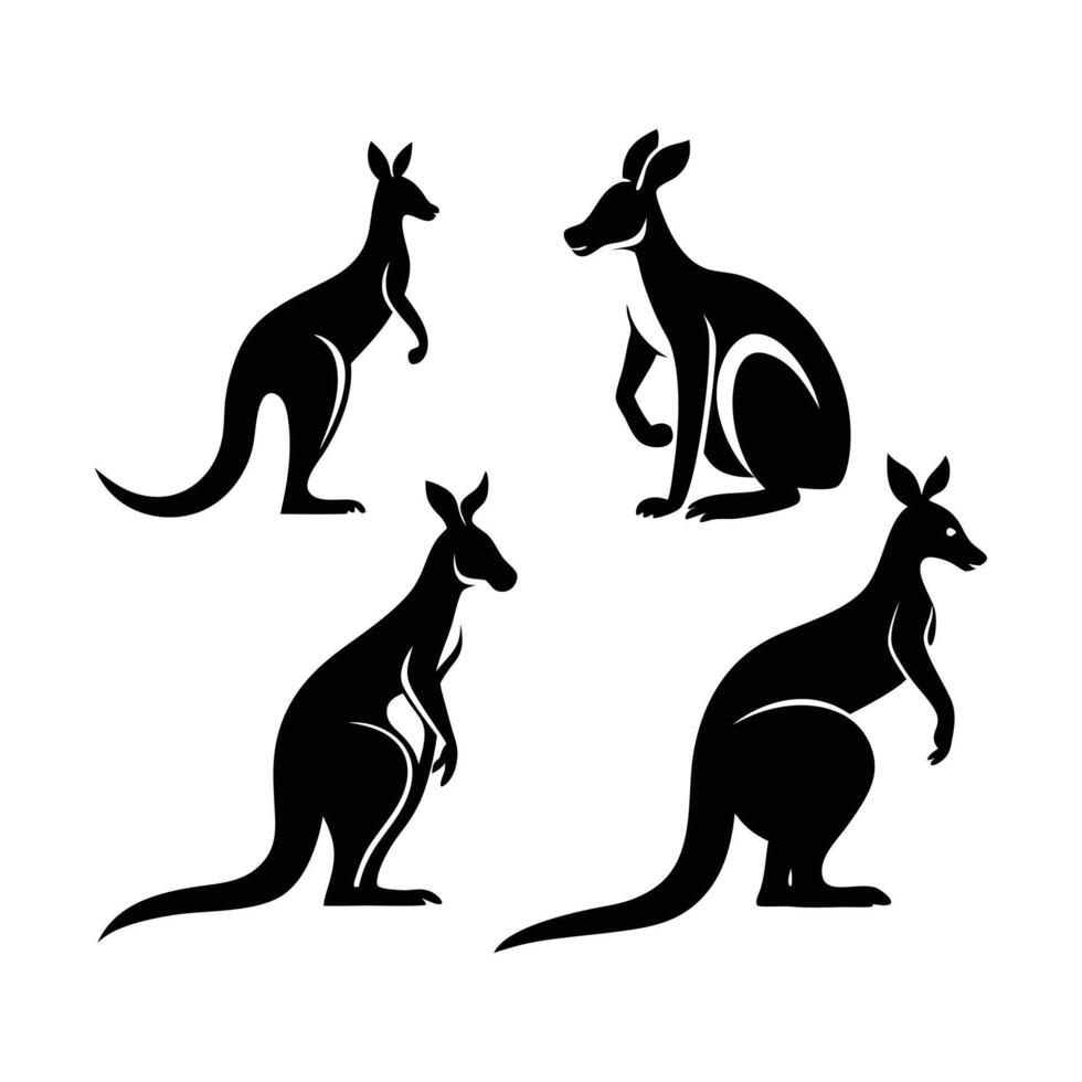 Four black silhouette kangaroo figures on a white background. vector