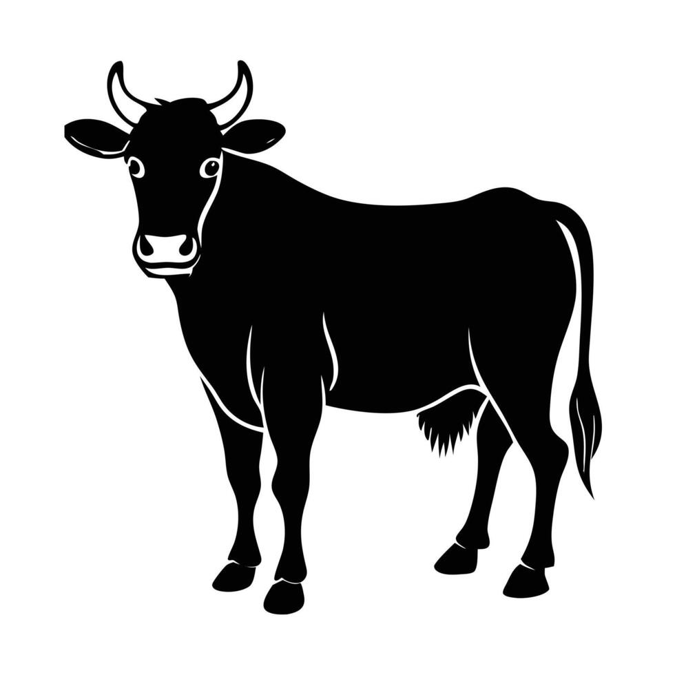 A striking black and white silhouette of a cow grazing in a field. vector