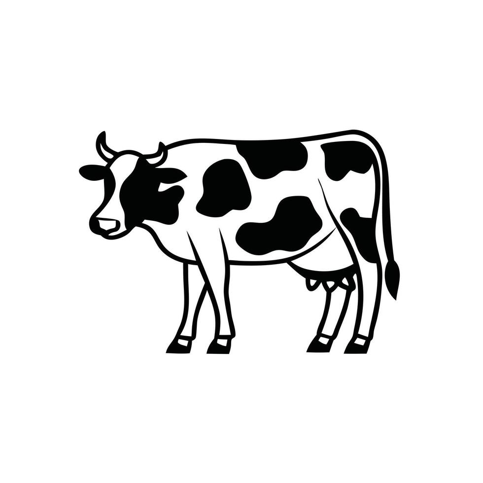 A robust, elegant black silhouette of a cow grazing in a field. vector