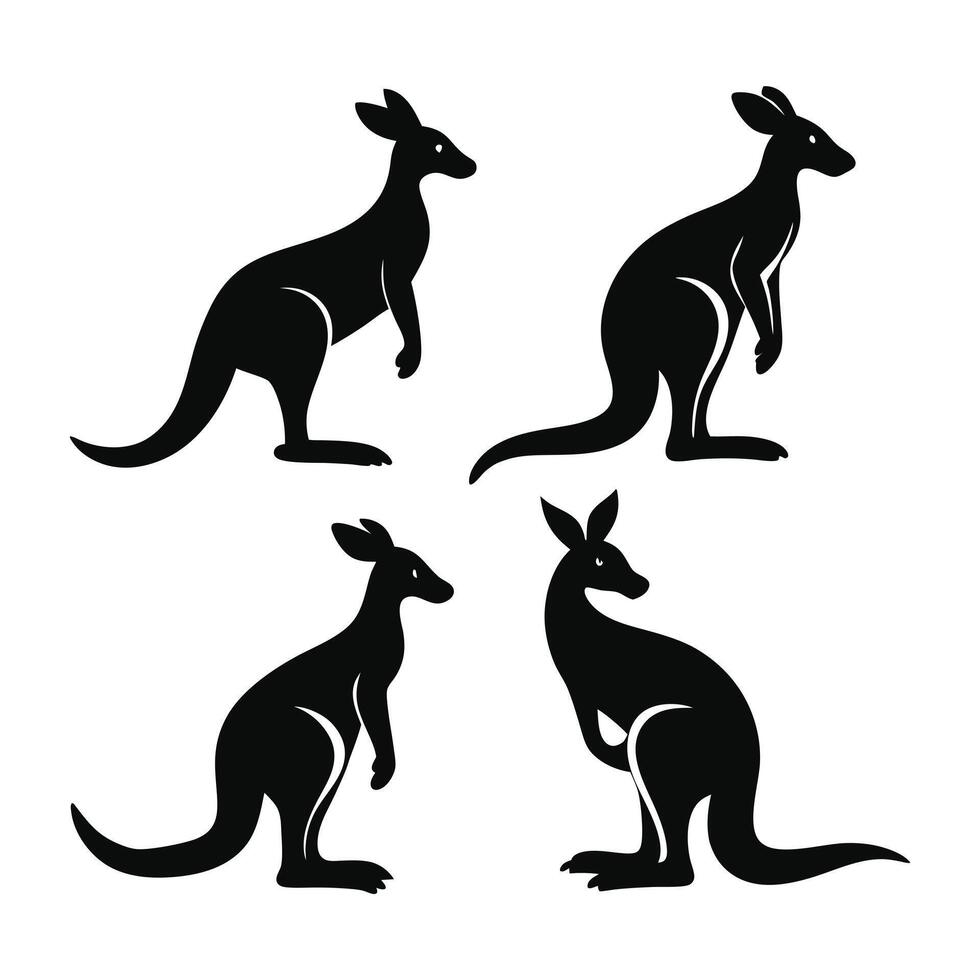 Four simple, black silhouettes of kangaroos in various stances against a white background. vector