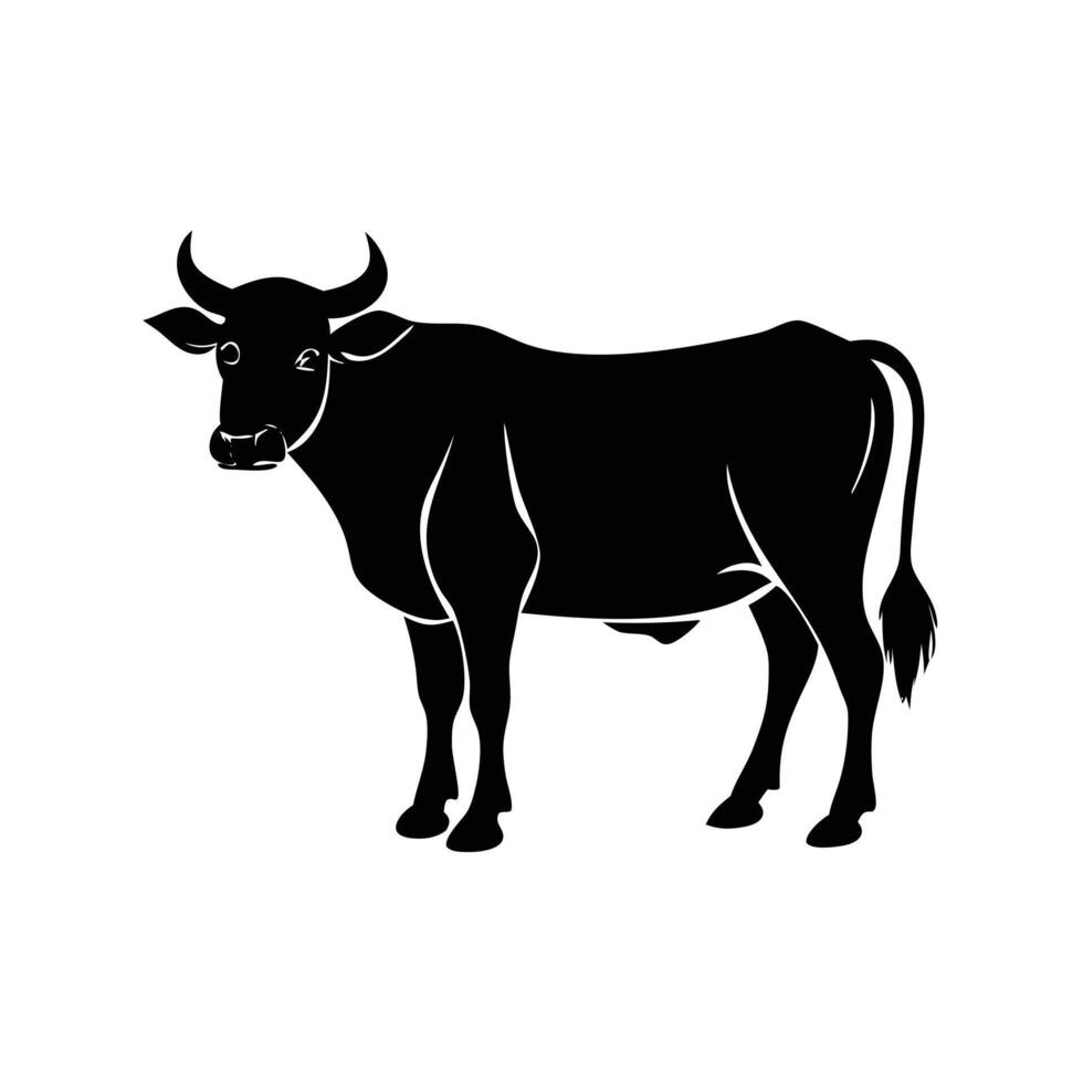 A stylized, dark silhouette of a cow grazing in a field. vector