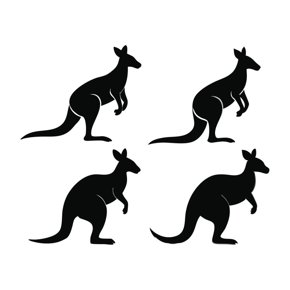 This image features four distinct silhouettes of kangaroos, presented in various stances against a clean white background. vector