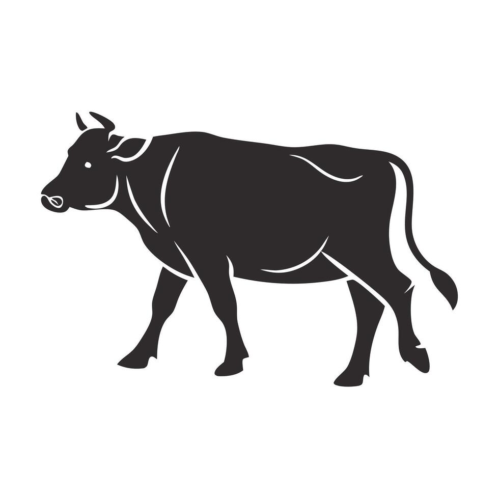 A stylized, black-and-white silhouette of a cow grazing in a field of grass. vector