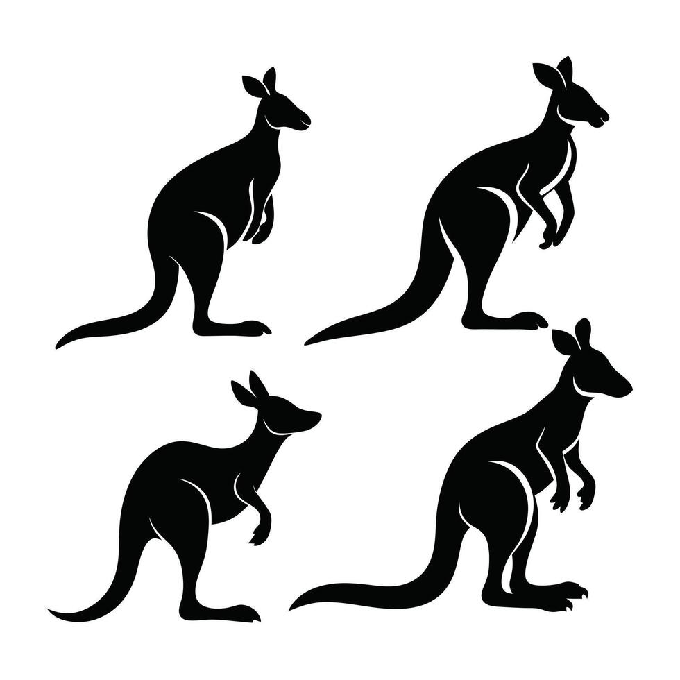 Four distinct silhouette images of kangaroos, presented against a white background. vector