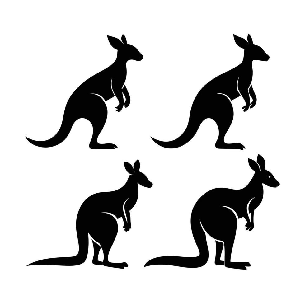 Four black silhouette images of kangaroos in various poses against a white background. vector