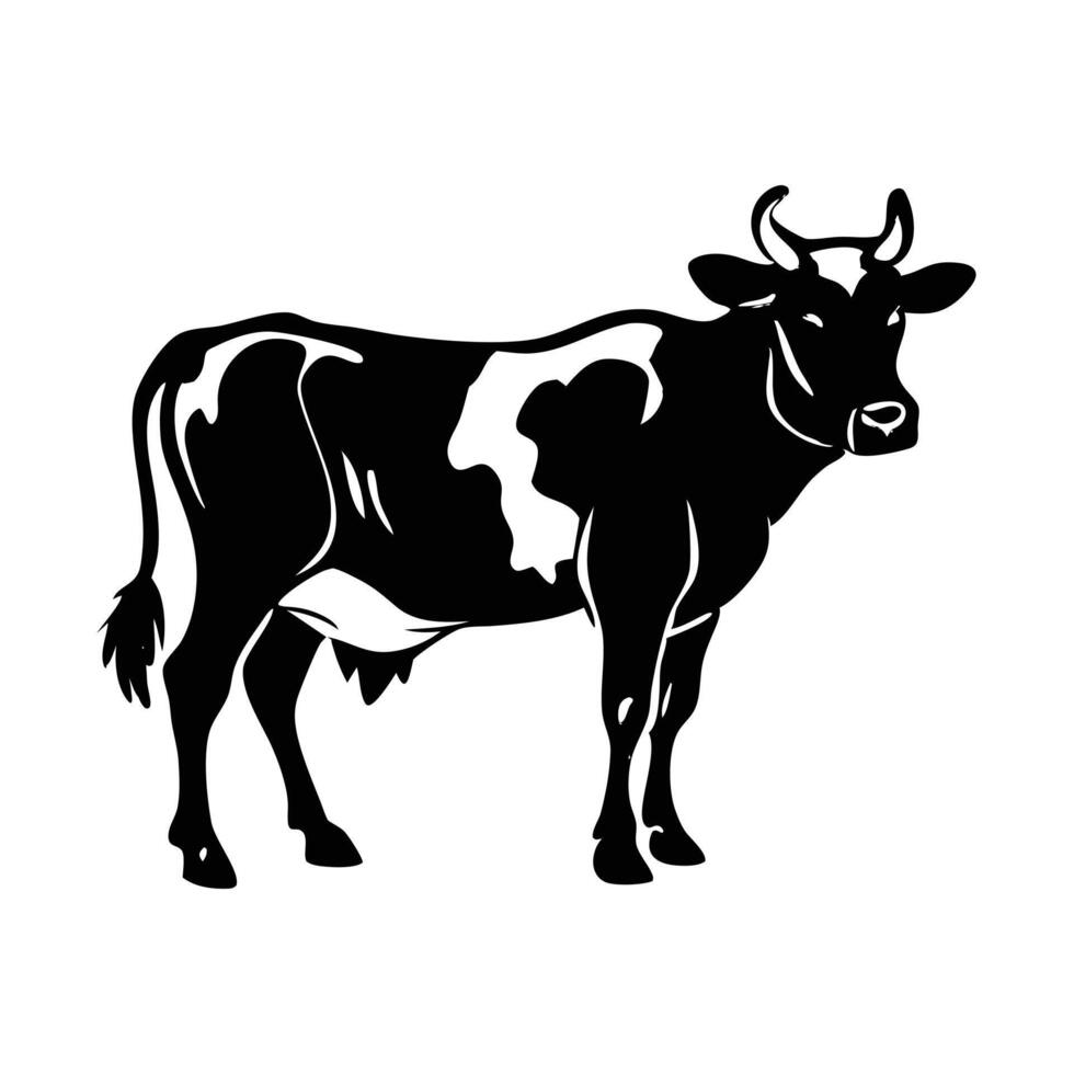 A stylized, black and white graphic of a cow standing in a grassy field. vector