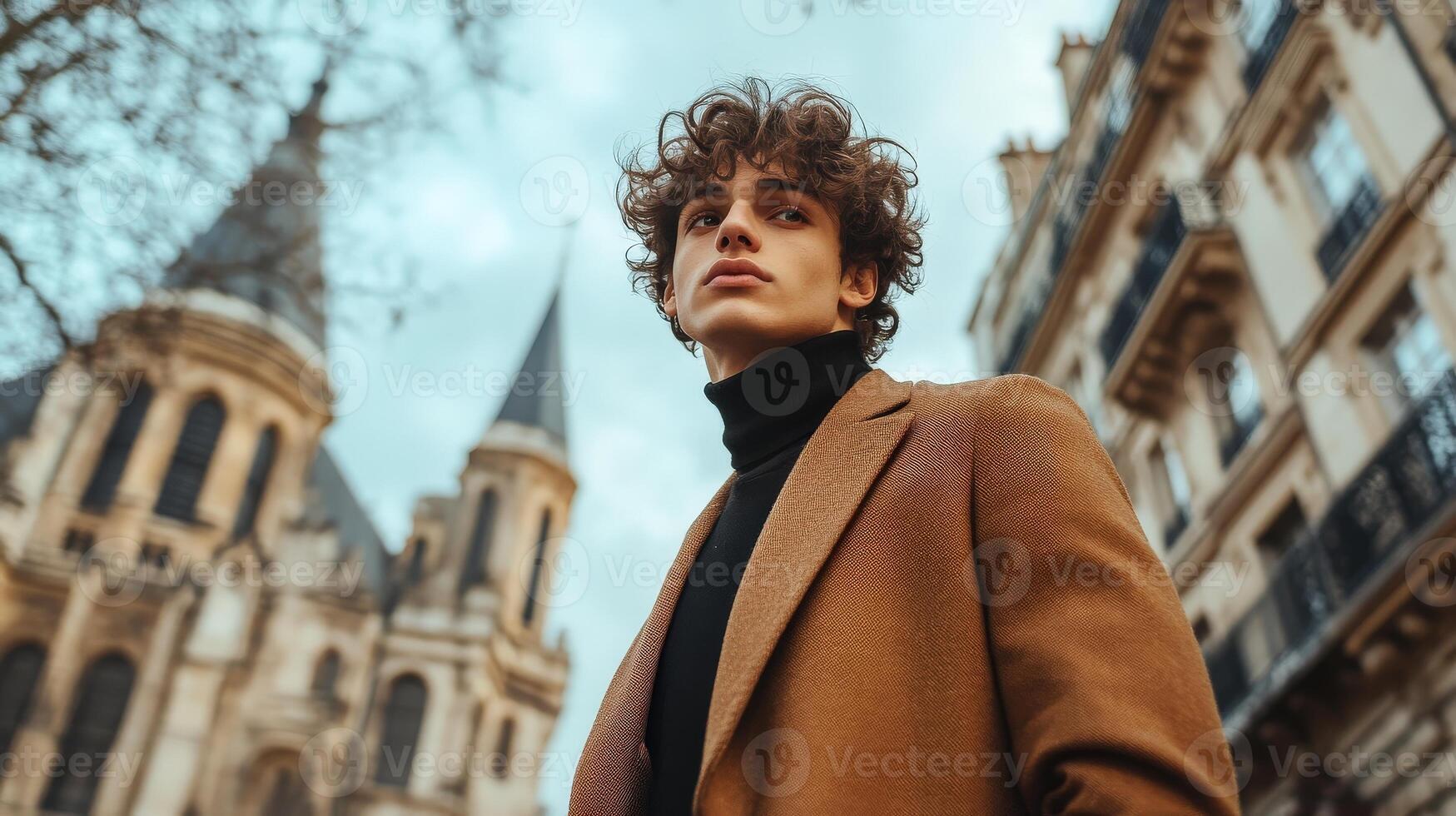 Stylish Man Posing Outdoors Near Parisian Architecture photo