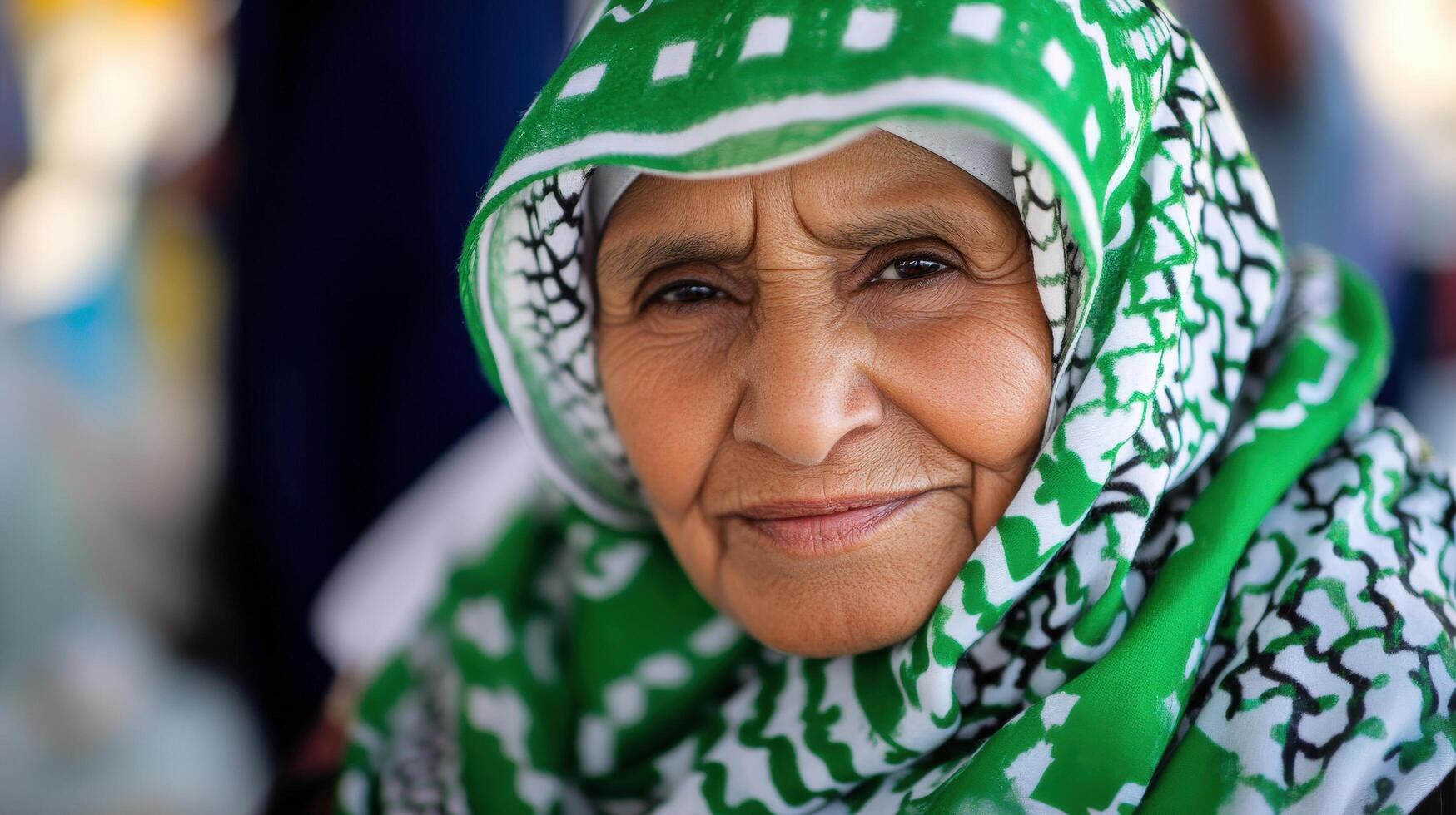 An elderly woman wearing a green and white scarf photo