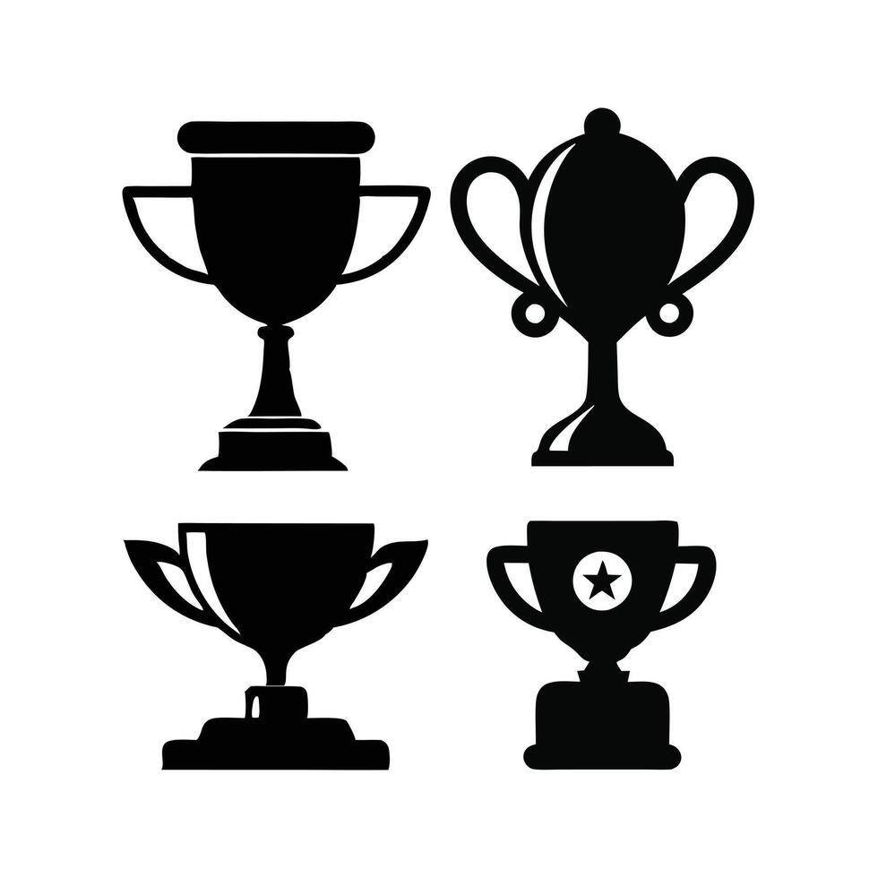 This set of black and white trophy icons features various trophy sizes and awards. vector