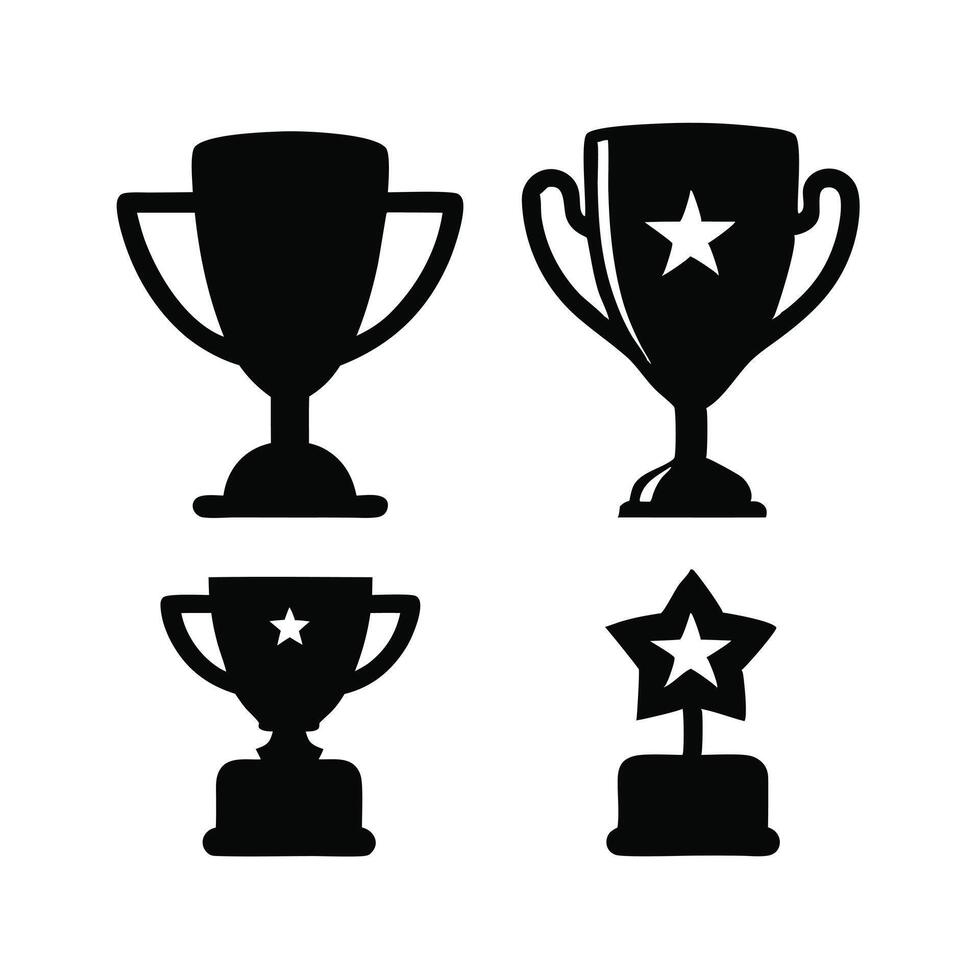 This image features a set of four black and white trophy icons in a flat design. vector