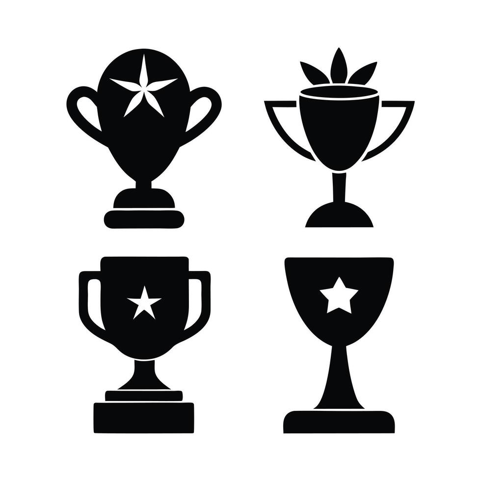 This image features four simple, black silhouette trophy designs on a white background. vector