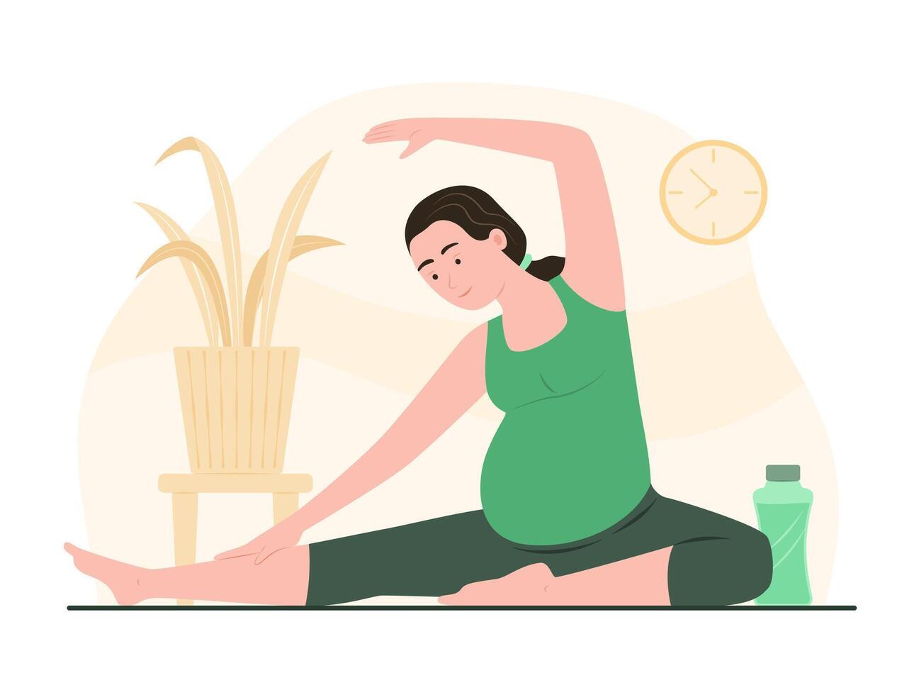 Pregnant Woman Sitting on Mat and Doing Yoga Exercise at Home for Prenatal Health vector