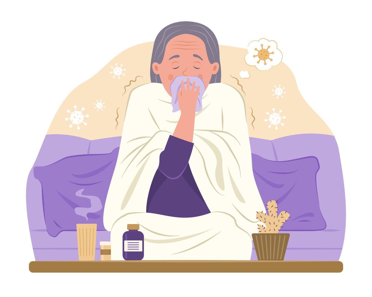 Sick Old Woman Blowing Nose into Handkerchief for Fever Concept Illustration vector