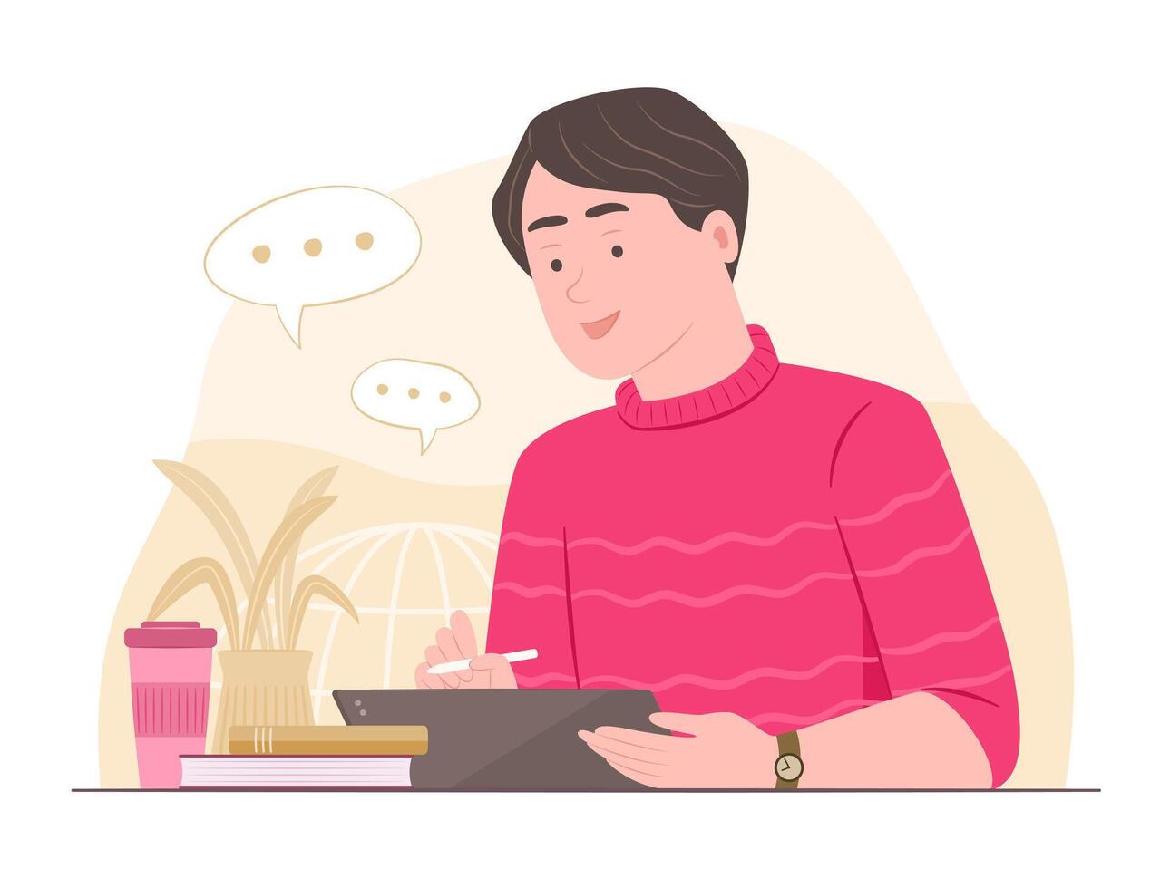 Freelance Man Doing Online Working and Chatting on Tablet for Remote Working Concept Illustration vector