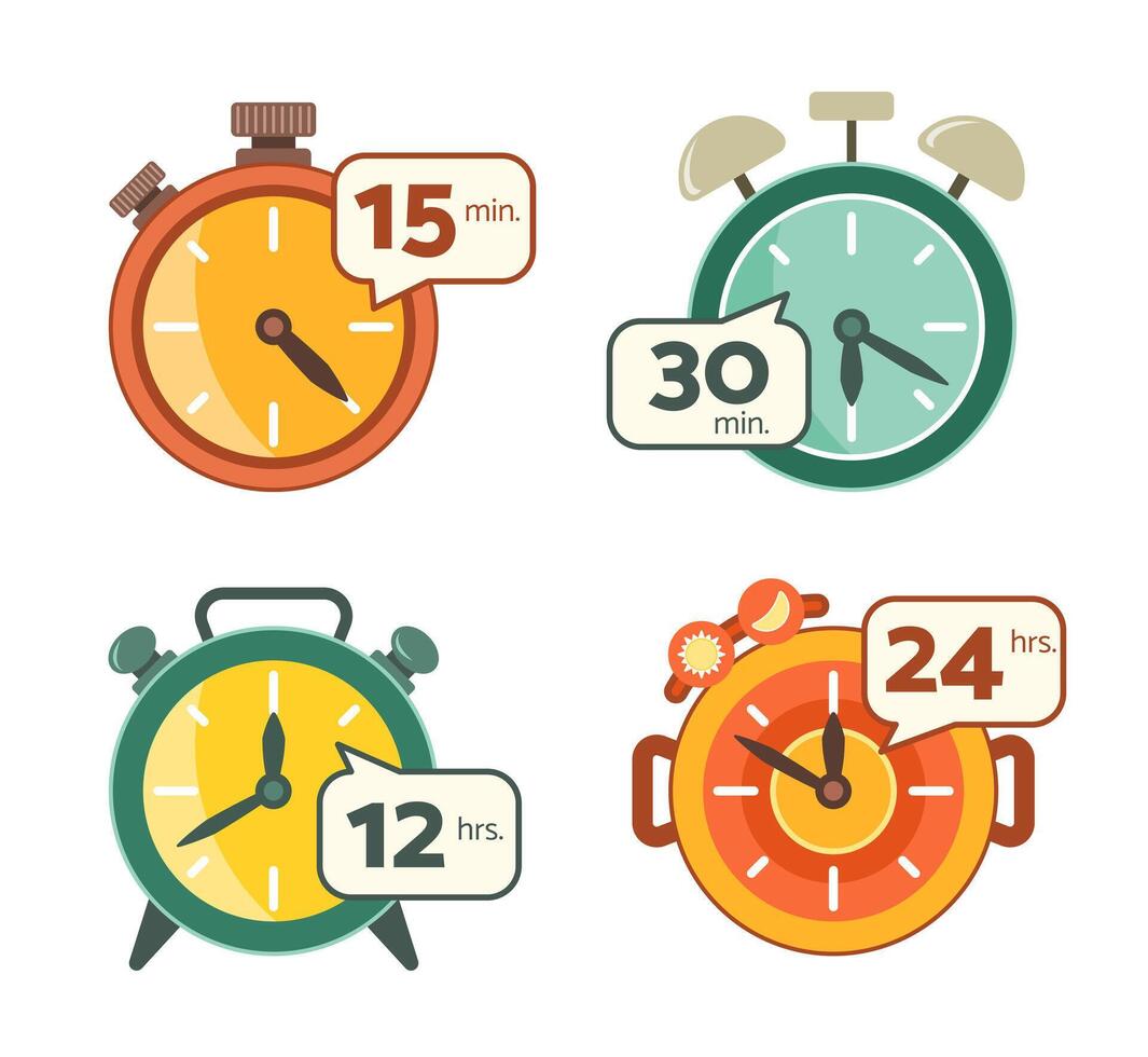 Set of Colorful Clocks with Time Number for Cute Graphic Design Element Concept Clip Art vector