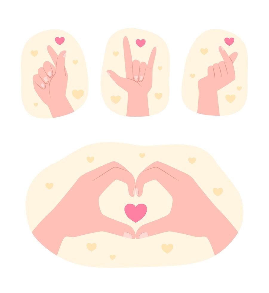 Set of Hands Showing Different Love Gestures with Mini Hearts for Sign Language and Valentine's Day Concept Illustration vector