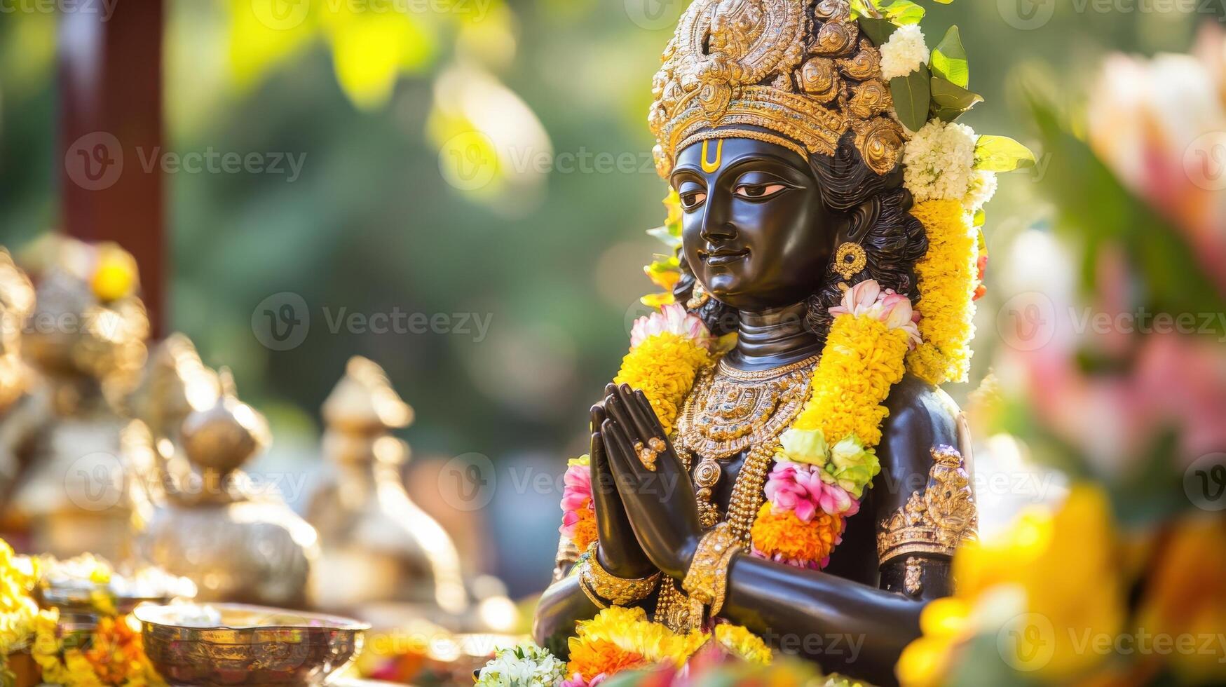Adorned Black Krishna Statue In Prayer Pose photo